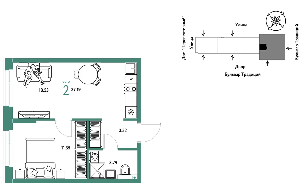 Планировка 2-комн. квартира, 37.19 м² ЖК «Микрорайон Домашний»