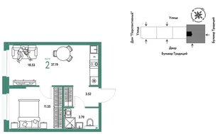 Планировка 2-комн. квартира, 37.19 м² ЖК «Микрорайон Домашний»