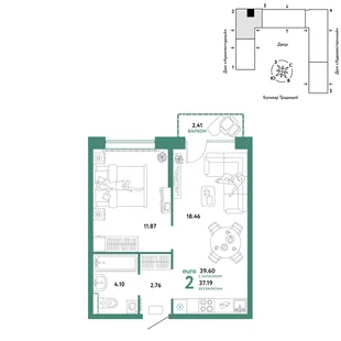Планировка 2-комн. квартира, 39.6 м² ЖК «Микрорайон Домашний»
