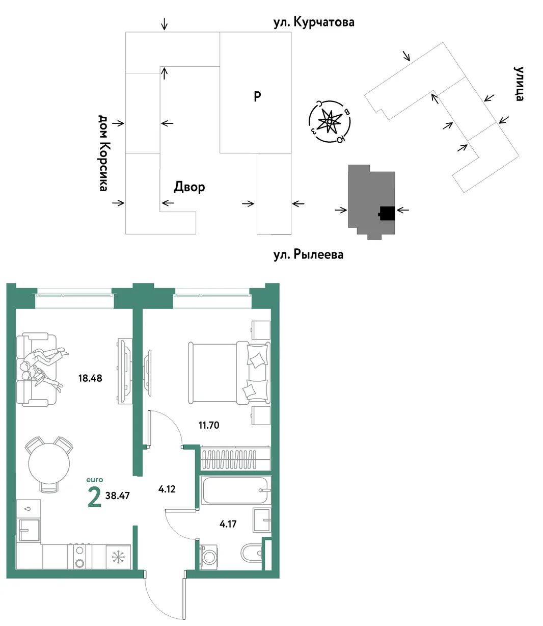 Планировка 2-комн. квартира, 38.47 м² ЖК «Остров-сад»