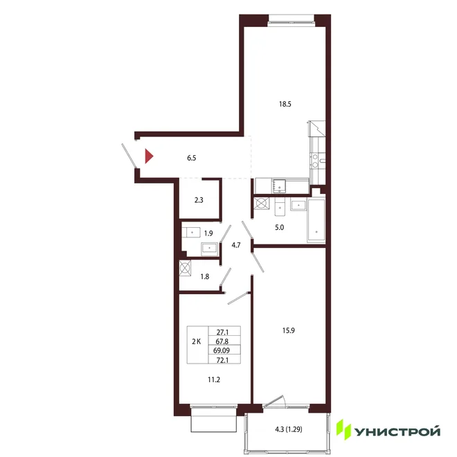 Планировка 2-комн. квартира, 69.09 м² ЖК «Лисино» Планировка 2-комн. квартира, 69.09 м² ЖК «Лисино»