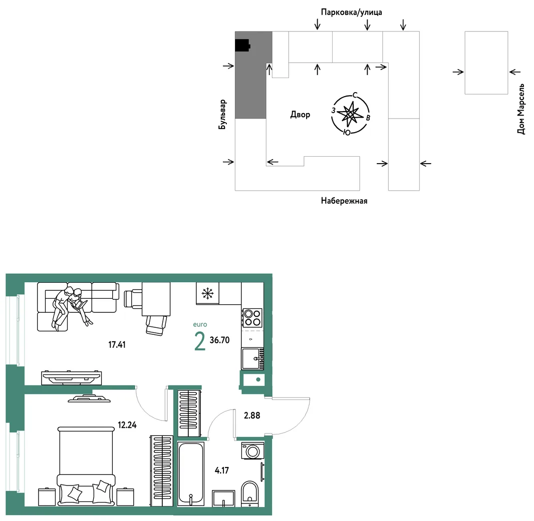 Планировка 2-комн. квартира, 36.7 м² ЖК «Европейский берег 2.0»