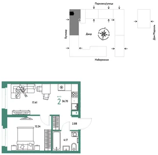 Планировка 2-комн. квартира, 36.7 м² ЖК «Европейский берег 2.0»