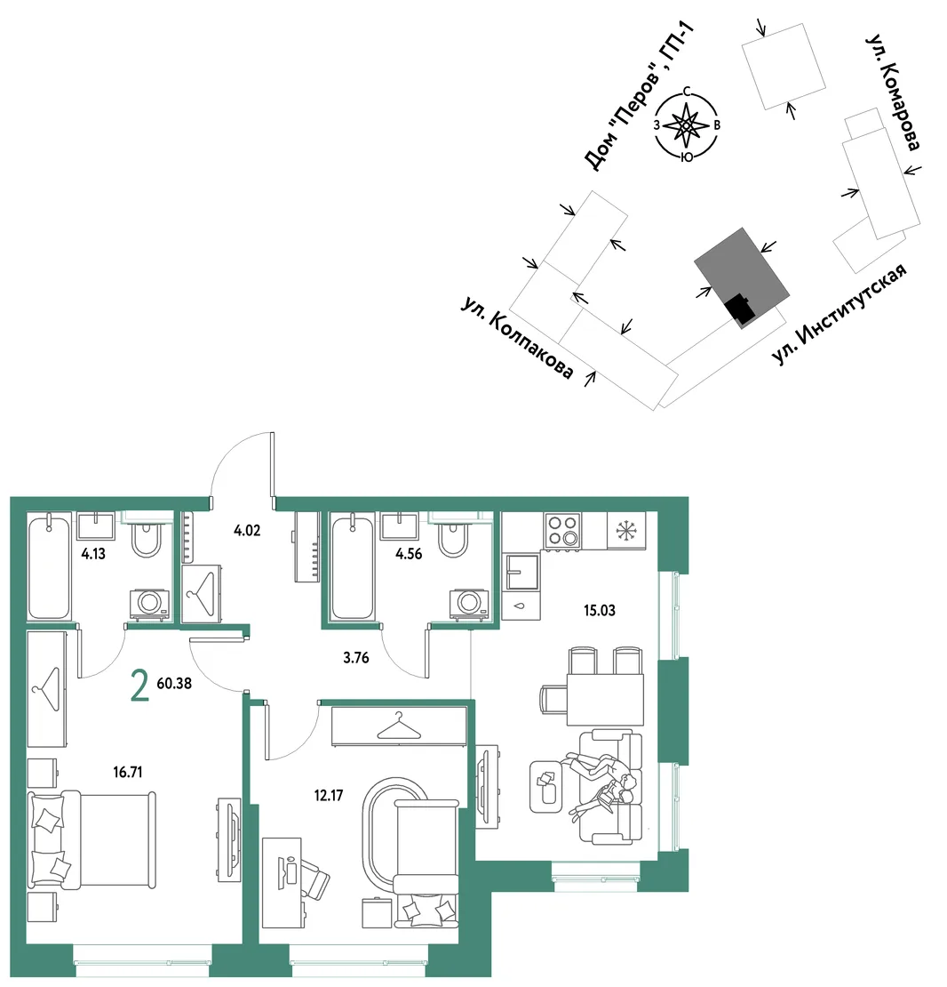 Планировка 2-комн. квартира, 60.38 м² ЖК «Страна.Парковая»