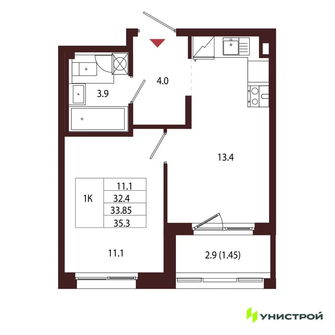 Планировка 1-комн. квартира, 33.85 м² ЖК «Лисино»