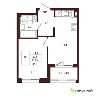 Планировка 1-комн. квартира, 33.85 м² ЖК «Лисино»