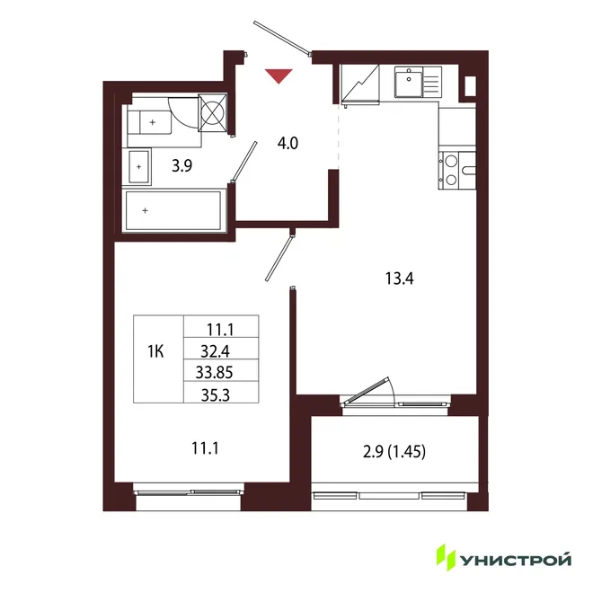 Планировка 1-комн. квартира, 33.85 м² ЖК «Лисино» Планировка 1-комн. квартира, 33.85 м² ЖК «Лисино»