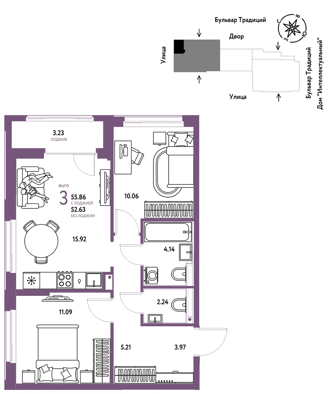 Планировка 3-комн. квартира, 55.86 м² ЖК «Микрорайон Домашний»