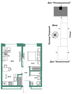 Планировка 2-комн. квартира, 38.37 м² ЖК «Микрорайон Домашний»