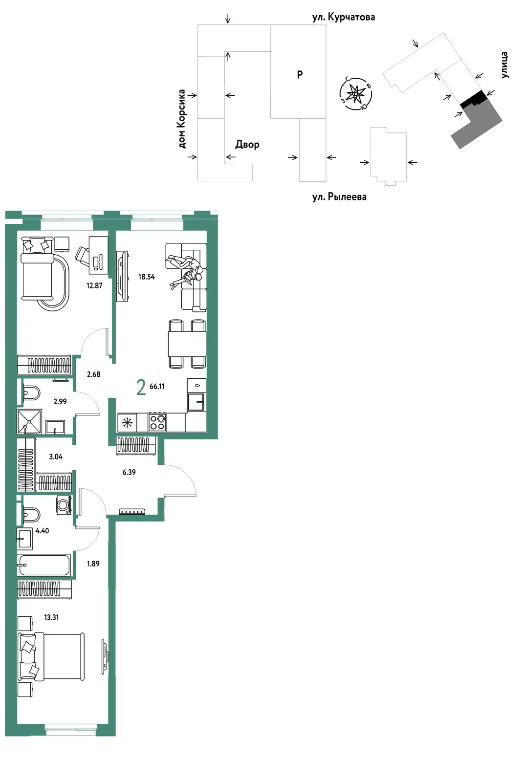 Планировка 2-комн. квартира, 66.55 м² ЖК «Остров-сад»