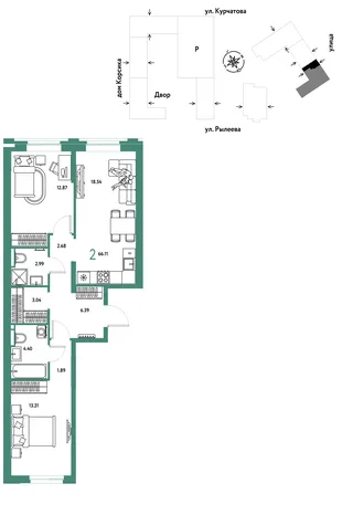 Планировка 2-комн. квартира, 66.55 м² ЖК «Остров-сад»