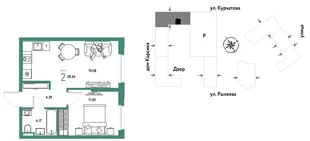 Планировка 2-комн. квартира, 38.54 м² ЖК «Остров-сад»