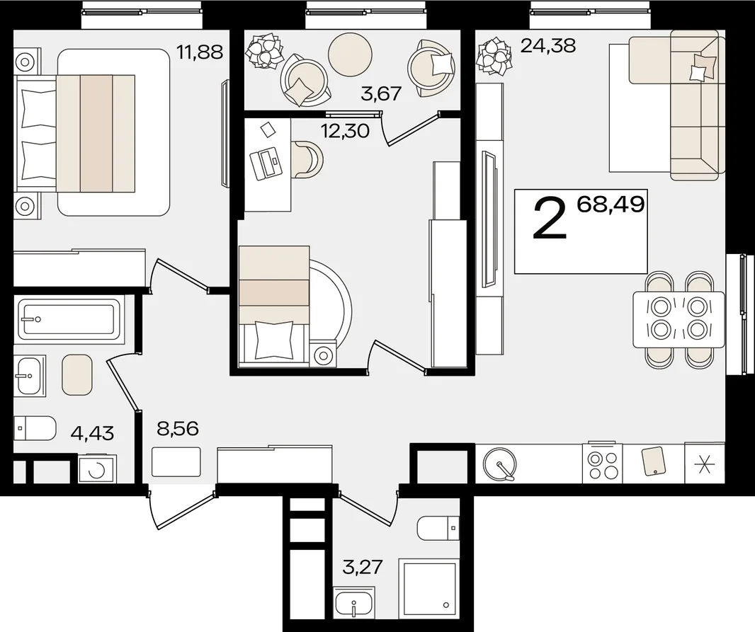 Планировка 2-комн. квартира, 68.49 м² ЖК «Патрики»
