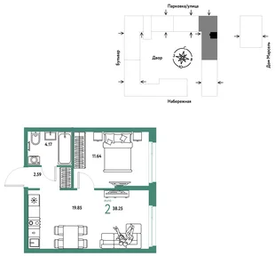 Планировка 2-комн. квартира, 38.25 м² ЖК «Европейский берег 2.0»