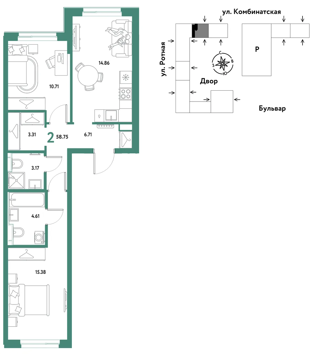 Планировка 2-комн. квартира, 58.07 м² ЖК «Уральский сад»