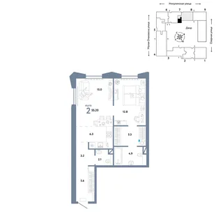 Планировка 2-комн. квартира, 55.2 м² ЖК «Страна.Озёрная»