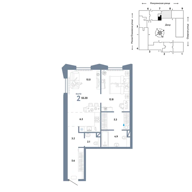 Планировка 2-комн. квартира, 55.2 м² ЖК «Страна.Озёрная» Планировка 2-комн. квартира, 55.2 м² ЖК «Страна.Озёрная»