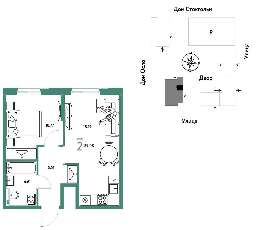 Планировка 2-комн. квартира, 39.08 м² ЖК «Европейский берег 2.0»