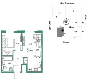 Планировка 2-комн. квартира, 39.08 м² ЖК «Европейский берег 2.0»