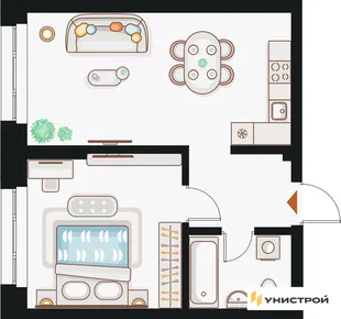 Планировка 1-комн. квартира, 43.48 м² ЖК «Жилой кластер Q на Кулагина»