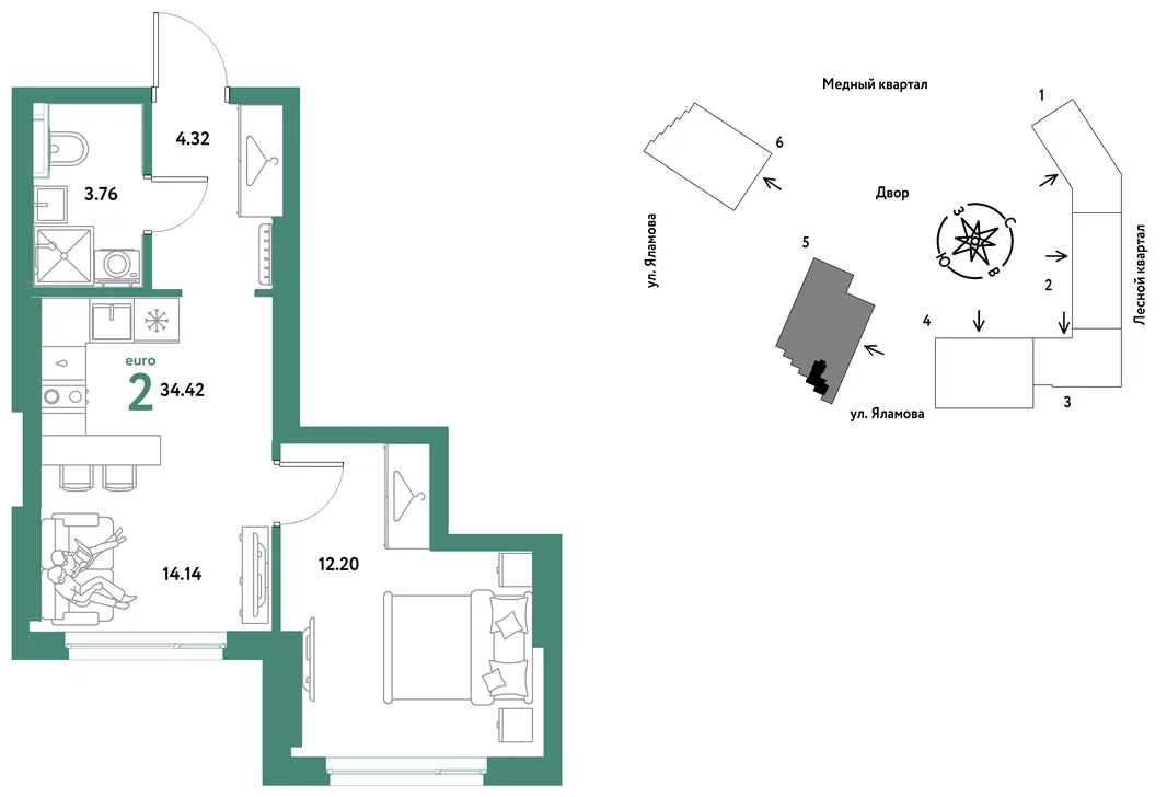 Планировка 2-комн. квартира, 34.42 м² ЖК «Сибирский сад»