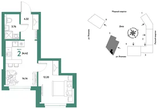 Планировка 2-комн. квартира, 34.42 м² ЖК «Сибирский сад»