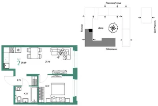 Планировка 2-комн. квартира, 39.69 м² ЖК «Европейский берег 2.0»