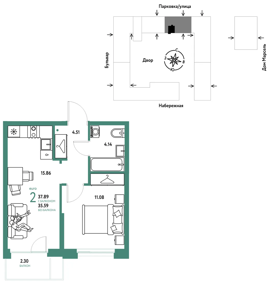 Планировка 2-комн. квартира, 37.89 м² ЖК «Европейский берег 2.0»