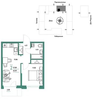 Планировка 2-комн. квартира, 37.89 м² ЖК «Европейский берег 2.0»