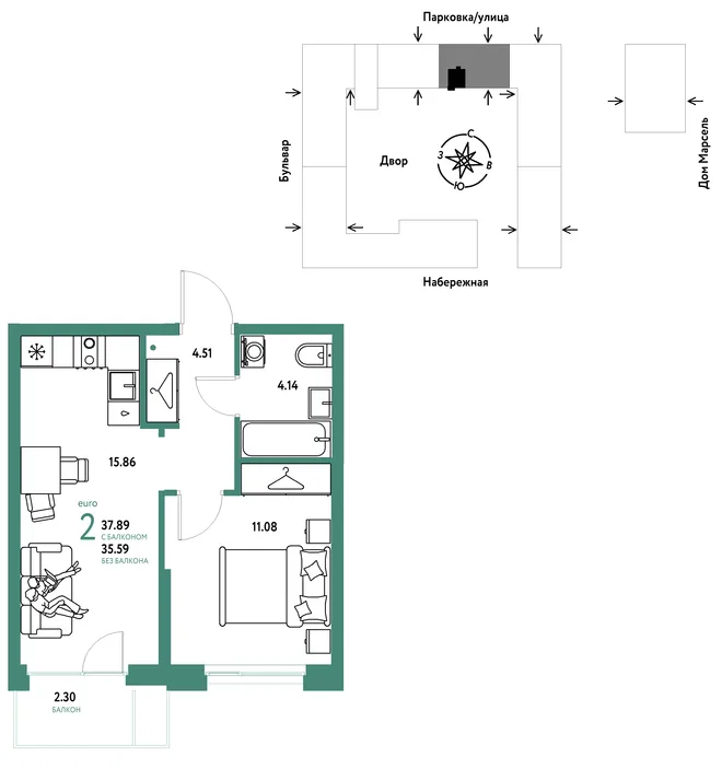 Планировка 2-комн. квартира, 37.89 м² ЖК «Европейский берег 2.0» Планировка 2-комн. квартира, 37.89 м² ЖК «Европейский берег 2.0»