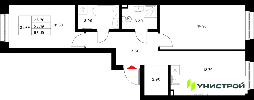 Планировка 2-комн. квартира, 58.19 м² ЖК «Уникод на Технической»