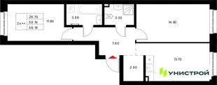 Планировка 2-комн. квартира, 58.19 м² ЖК «Уникод на Технической»