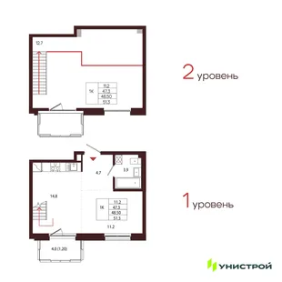 Планировка 1-комн. квартира, 48.5 м² ЖК «Лисино»