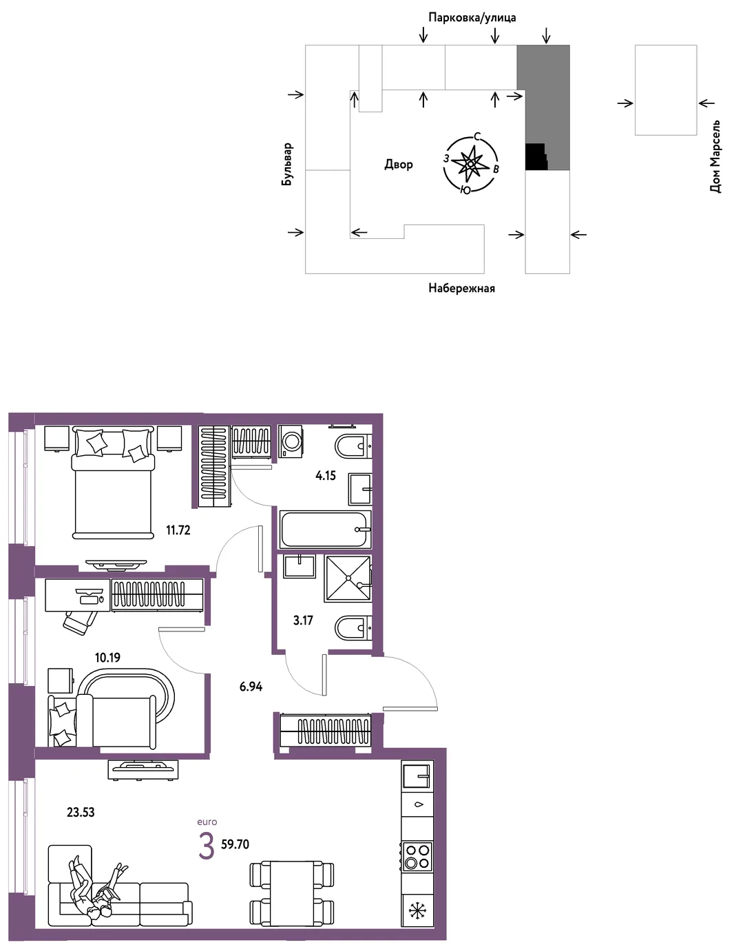 Планировка 3-комн. квартира, 59.7 м² ЖК «Европейский берег 2.0»