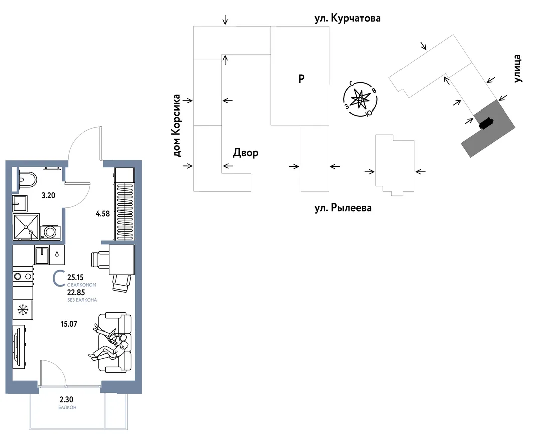 Планировка Студия, 25.33 м² ЖК «Остров-сад»