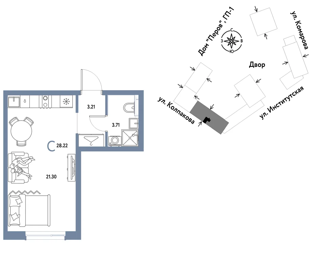 Планировка Студия, 28.22 м² ЖК «Страна.Парковая»
