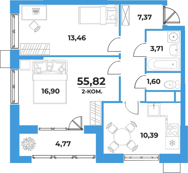Планировка 2-комн. квартира, 55.82 м² ЖК «На семи холмах» Планировка 2-комн. квартира, 55.82 м² ЖК «На семи холмах»