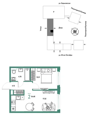 Планировка 2-комн. квартира, 36.68 м² ЖК «Сердце Сибири»