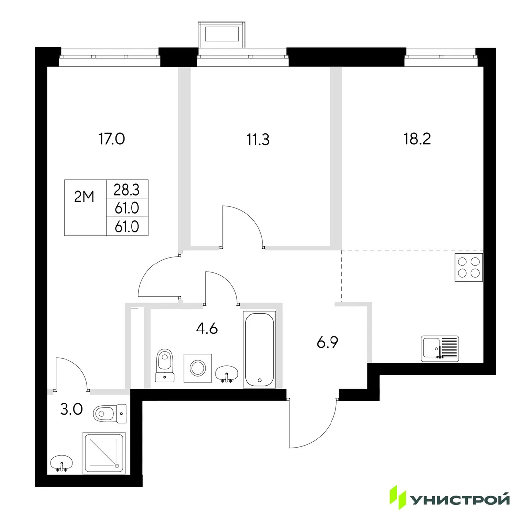 Планировка 2-комн. квартира, 61 м² ЖК «Стадиум»