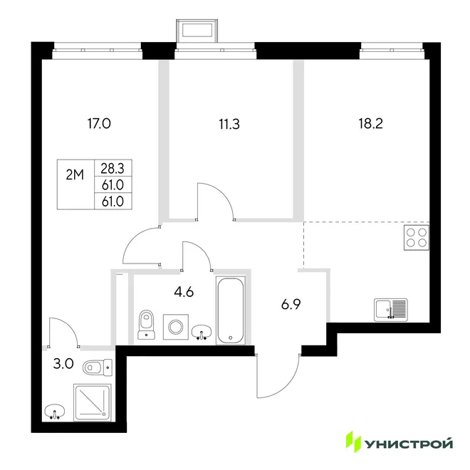 Планировка 2-комн. квартира, 61 м² ЖК «Стадиум» Планировка 2-комн. квартира, 61 м² ЖК «Стадиум»