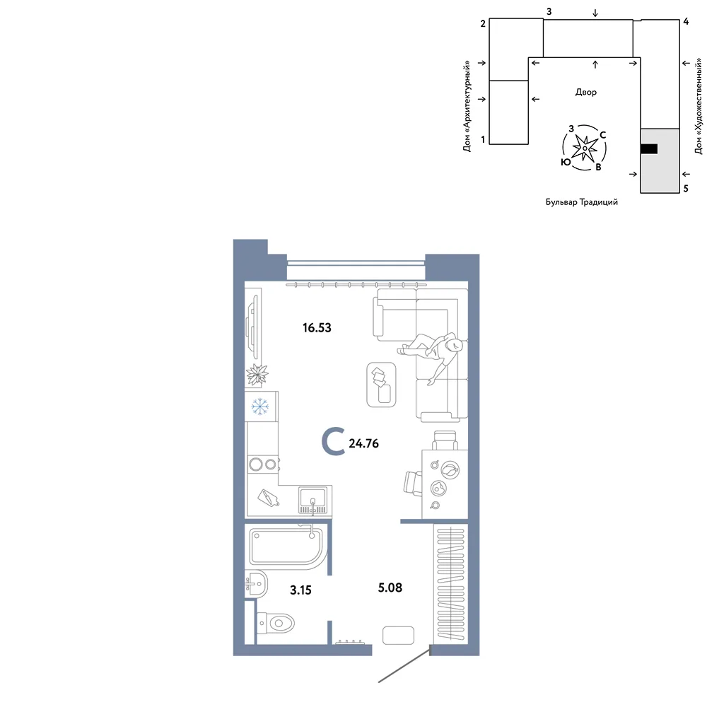 Планировка Студия, 24.76 м² ЖК «Микрорайон Домашний»