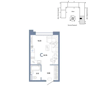 Планировка Студия, 24.76 м² ЖК «Микрорайон Домашний»