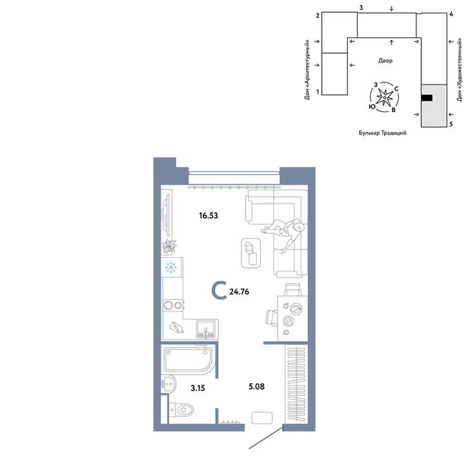 Планировка Студия, 24.76 м² ЖК «Микрорайон Домашний» Планировка Студия, 24.76 м² ЖК «Микрорайон Домашний»