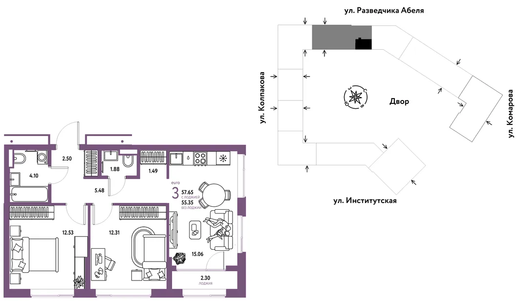 Планировка 3-комн. квартира, 57.65 м² ЖК «Страна.Парковая»