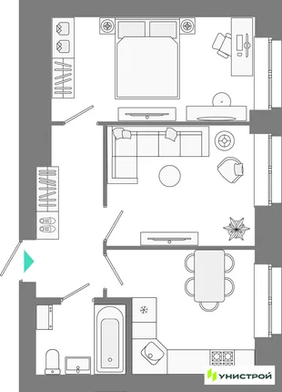 Планировка 2-комн. квартира, 44.29 м² ЖК «Лето»