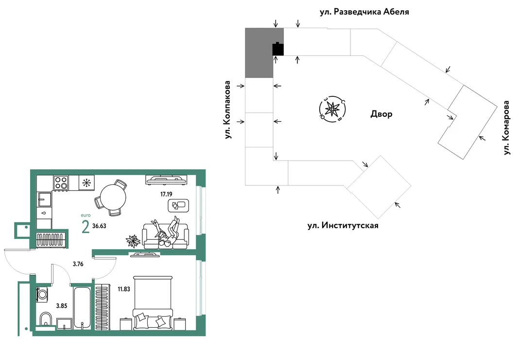 Планировка 2-комн. квартира, 36.63 м² ЖК «Страна.Парковая»