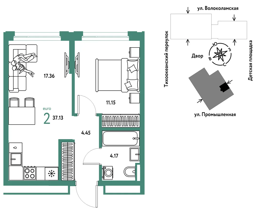 Планировка 2-комн. квартира, 37.13 м² ЖК «Страна Прибрежная»
