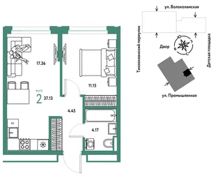 Планировка 2-комн. квартира, 37.13 м² ЖК «Страна Прибрежная»