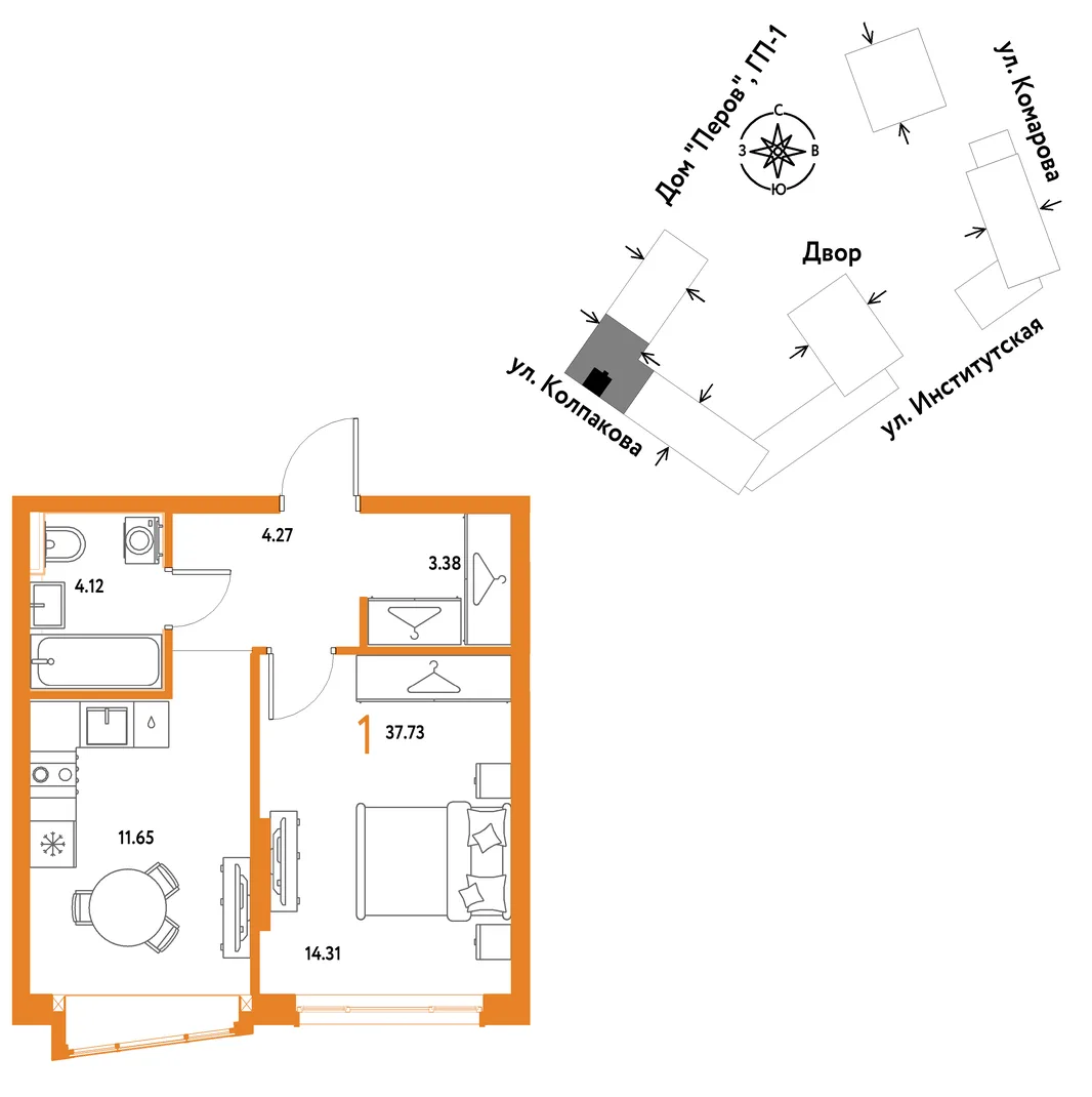 Планировка 1-комн. квартира, 37.73 м² ЖК «Страна.Парковая»
