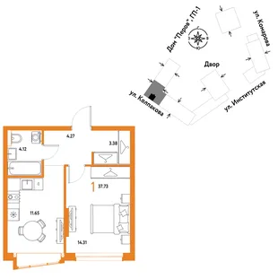 Планировка 1-комн. квартира, 37.73 м² ЖК «Страна.Парковая»